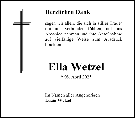 Traueranzeige von Ella Wetzel von Allgemeine Zeitung Mainz