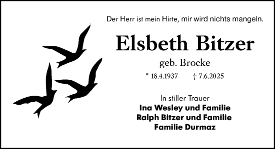 Traueranzeige von Elsbeth Bitzer von Wiesbadener Kurier