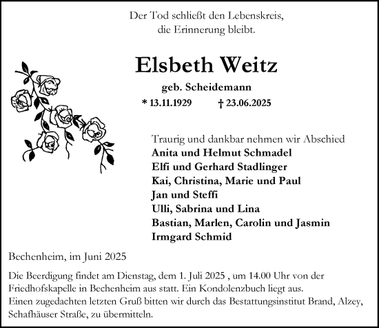 Traueranzeige von Elsbeth Weitz von Allgemeine Zeitung Alzey