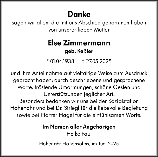 Traueranzeige von Else Zimmermann von Wetzlarer Neue Zeitung