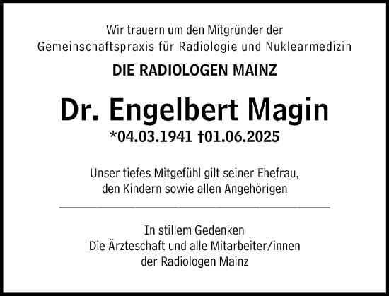 Traueranzeige von Engelbert Magin von Allgemeine Zeitung Mainz
