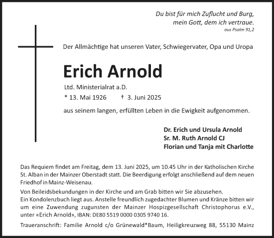 Traueranzeige von Erich Arnold von Allgemeine Zeitung Mainz