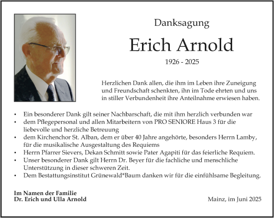 Traueranzeige von Erich Arnold von Allgemeine Zeitung Mainz