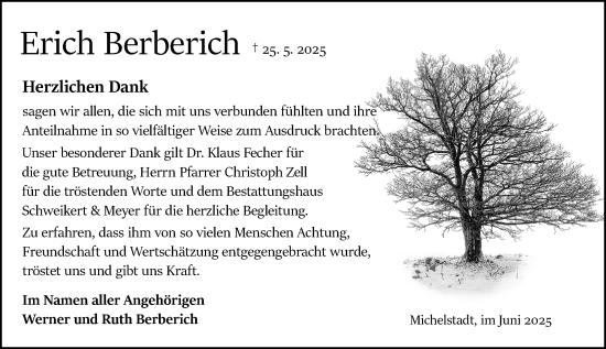 Traueranzeige von Erich Berberich von Odenwälder Echo