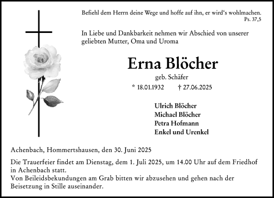 Traueranzeige von Erna Blöcher von Hinterländer Anzeiger