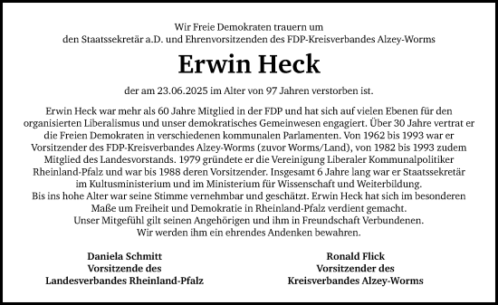 Traueranzeige von Erwin Heck von Allgemeine Zeitung Alzey