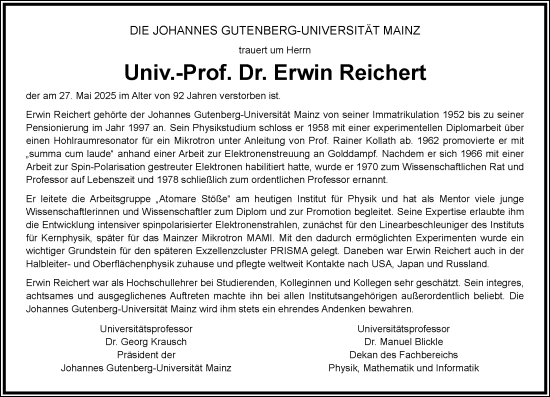 Traueranzeige von Erwin Reichert von Allgemeine Zeitung Mainz