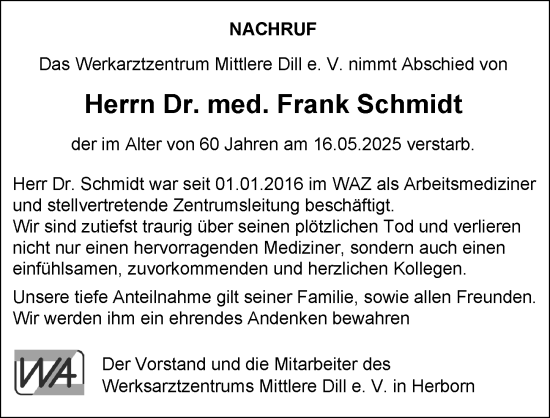 Traueranzeige von Frank Schmidt von Dill Block