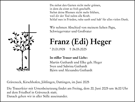 Traueranzeige von Franz Heger von Weilburger Tageblatt