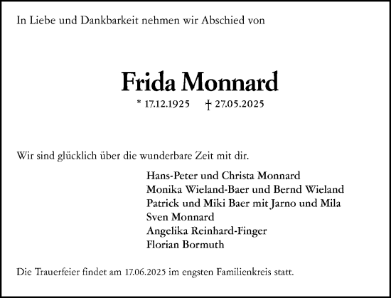 Traueranzeige von Frida Monnard von Darmstädter Echo