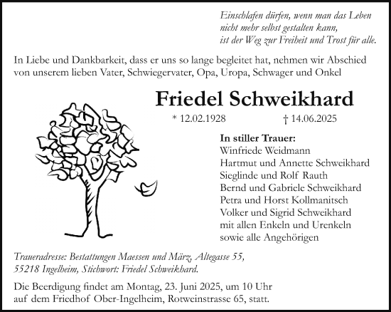Traueranzeige von Friedel Schweikhard von Allgemeine Zeitung Rheinhessen-Nahe