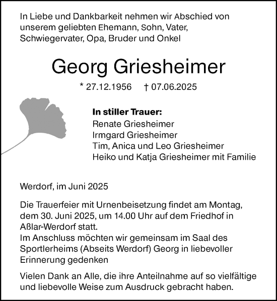 Traueranzeige von Georg Griesheimer von Wetzlarer Neue Zeitung