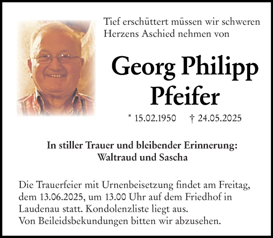Traueranzeige von Georg Philipp Pfeifer von Odenwälder Echo