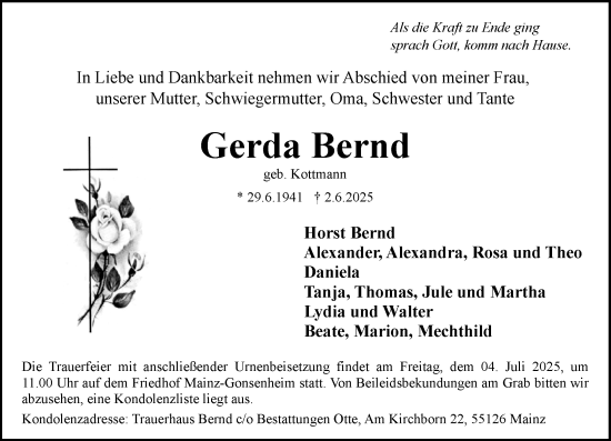 Traueranzeige von Gerda Bernd von Allgemeine Zeitung Mainz
