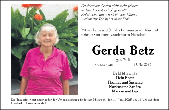 Traueranzeige von Gerda Betz von Allgemeine Zeitung Mainz