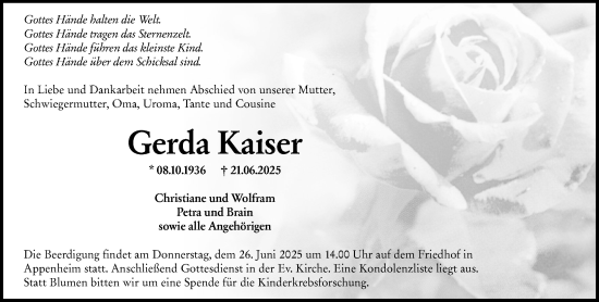 Traueranzeige von Gerda Kaiser von Allgemeine Zeitung Mainz