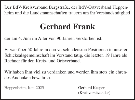 Traueranzeige von Gerhard Frank von Starkenburger Echo