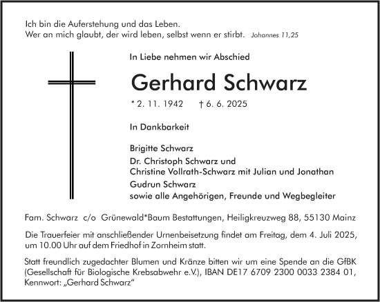 Traueranzeige von Gerhard Schwarz von Allgemeine Zeitung Mainz