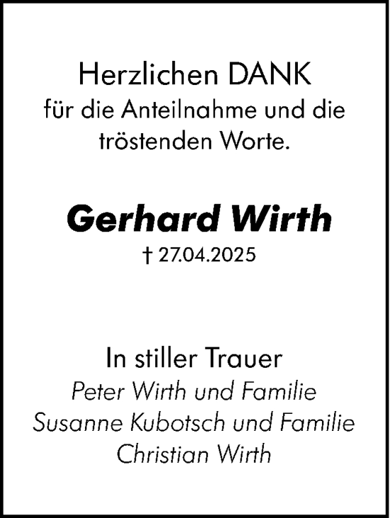 Traueranzeige von Gerhard Wirth von Weilburger Tageblatt