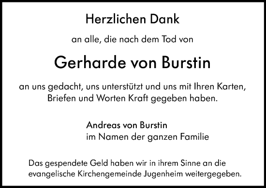 Traueranzeige von Gerharde von Burstin von Darmstädter Echo