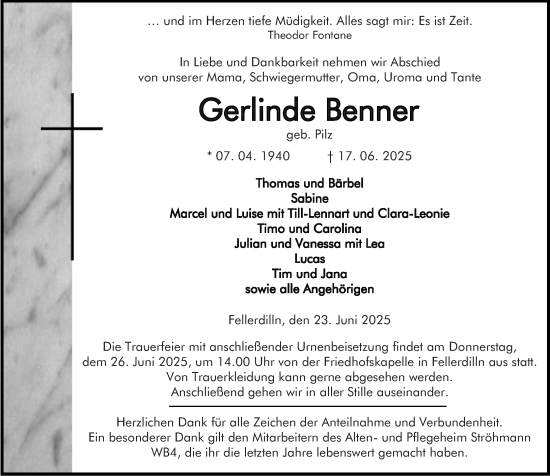 Traueranzeige von Gerlinde Benner von Dill Block