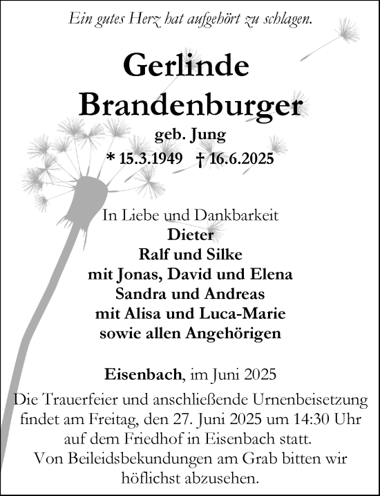 Traueranzeige von Gerlinde Brandenburger von Camberger Anzeiger
