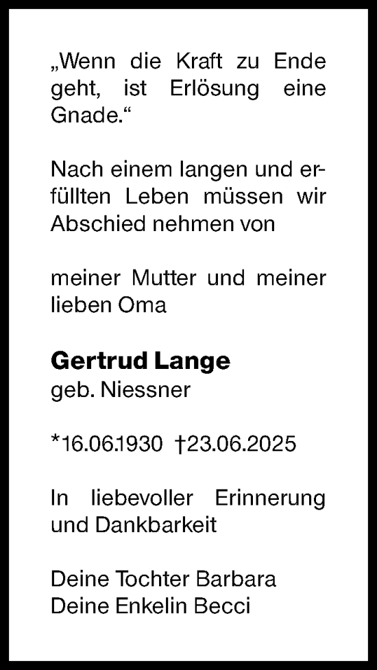 Traueranzeige von Gertrud Lange von Darmstädter Echo