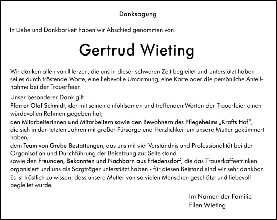 Traueranzeige von Gertrud Wieting von Hinterländer Anzeiger