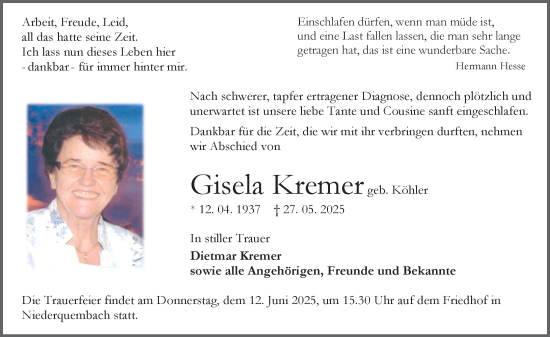 Traueranzeige von Gisela Kremer von Wetzlarer Neue Zeitung