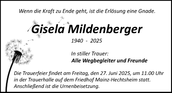 Traueranzeige von Gisela Mildenberger von Allgemeine Zeitung Mainz