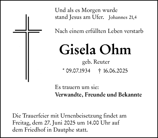 Traueranzeige von Gisela Ohm von Hinterländer Anzeiger
