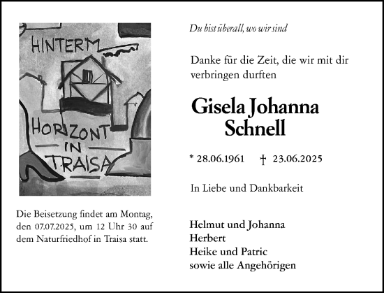 Traueranzeige von Gisela Johanna Schnell von Darmstädter Echo