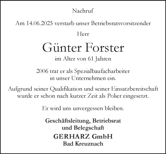 Traueranzeige von Günter Forster von Allgemeine Zeitung Rheinhessen-Nahe
