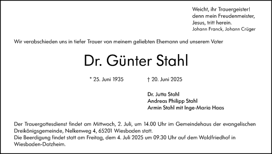 Traueranzeige von Günter Stahl von Wiesbadener Kurier