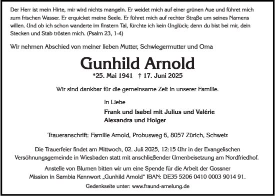 Traueranzeige von Gunhild Arnold von Wiesbadener Kurier