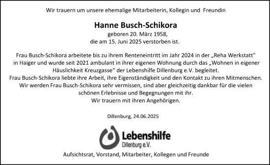 Traueranzeige von Hanne Busch-Schikora von Dill Block