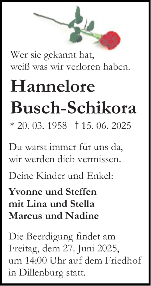 Traueranzeige von Hannelore Busch-Schikora von Dill Block