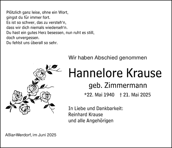 Traueranzeige von Hannelore Krause von Wetzlarer Neue Zeitung