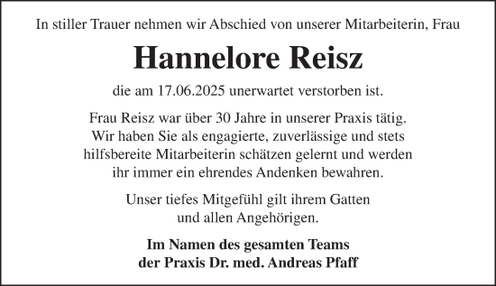 Traueranzeige von Hannelore Reisz von Hinterländer Anzeiger