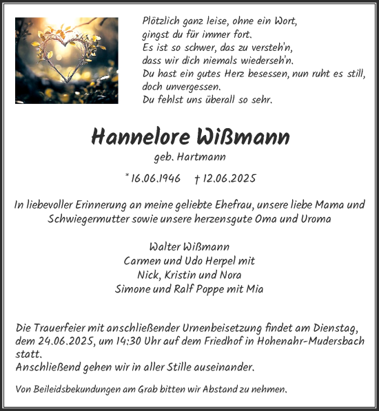 Traueranzeige von Hannelore Wißmann von Wetzlarer Neue Zeitung