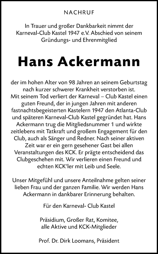 Traueranzeige von Hans Ackermann von Allgemeine Zeitung Mainz