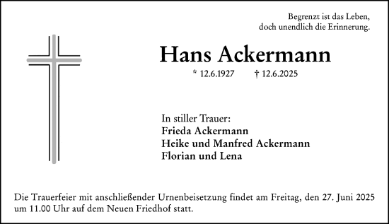 Traueranzeige von Hans Ackermann von Allgemeine Zeitung Mainz