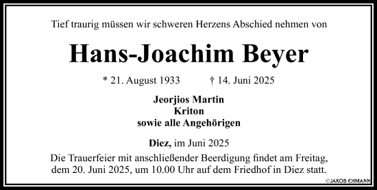Traueranzeige von Hans-Joachim Beyer von Nassauische Neue Presse