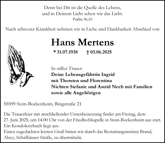 Traueranzeige von Hans Mertens von Allgemeine Zeitung Alzey