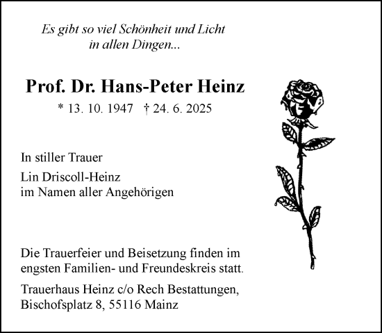 Traueranzeige von Hans-Peter Heinz von Allgemeine Zeitung Mainz