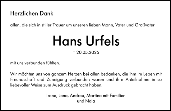 Traueranzeige von Hans Urfels von Darmstädter Echo
