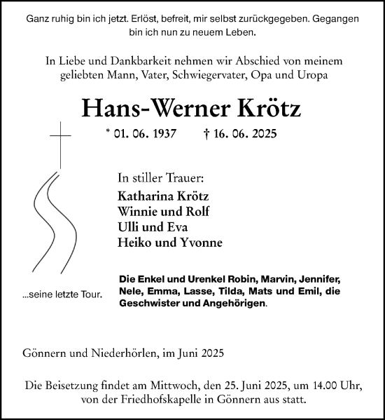 Traueranzeige von Hans-Werner Krötz von Hinterländer Anzeiger