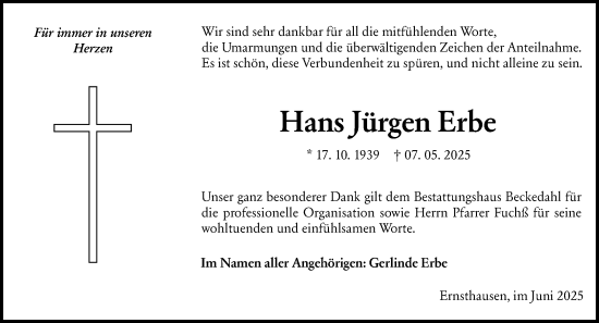 Traueranzeige von Hans Jürgen Erbe von Weilburger Tageblatt