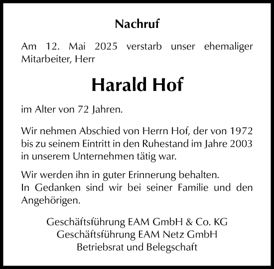 Traueranzeige von Harald Hof von Dill Block