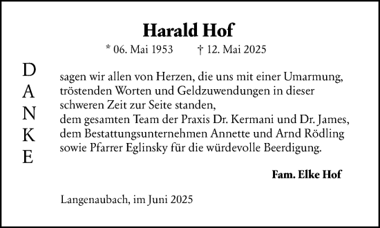 Traueranzeige von Harald Hof von Dill Block